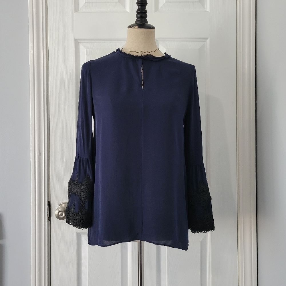 Kobi Halperin Navy Silk Blouse with Lace Sleeves